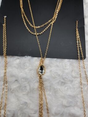 Gold Teardrop Layered Necklace with Clear Stone Pendant